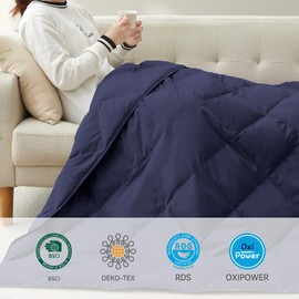 Deodar Natural Goose Down Throw Blanket Couch,Sofa Blanket Throw,Outdoor Blanket Gifts,Lightweight Peach Skin Fabric,Reversible Lap Down Blanket,50"X70",Navy Blue