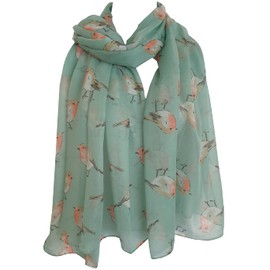 GlamLondon Women's Watercolour Robin Bird Printed Christmas Scarf (Mint Green)
