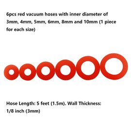 Ucreative 1/8" 5/32" 3/16" 1/4" 5/16" 3/8" Automotive Silicone Vacuum Tubing Hose Kit for Air and Water 6PCS 5FT (Red)