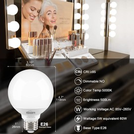 Honesorn Bathroom Light Bulbs E26 Base, 60 Watt Equivalent, 5000K Daylight, Vanity LED Globe Light Bulbs for Bathroom, G25 Round Light Bulbs for Vanity Mirror, CRI85+ 500LM, 120V, Non-dimmable, 4 Pack