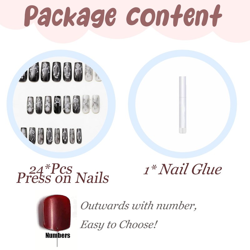 BABALAL Gothic Press On False Nails, Long Square Fake Nails,