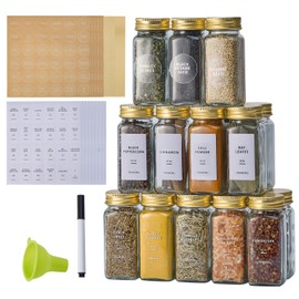 Fiwence 24 Pcs Glass Spice Jars with 576 Labels, 4oz Empty Square Spice Containers,Seasoning Bottles with Gold Metal Caps - Shaker Lids, Funnel and Chalk Pen Included