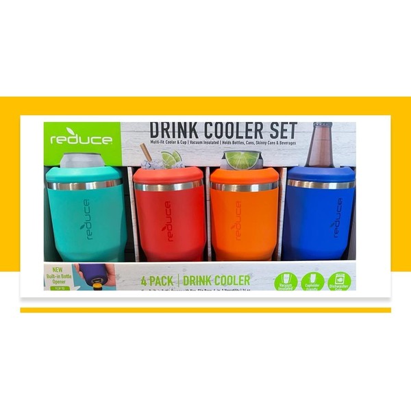 REDUCE 14 oz. Vacuum Insulated Stainless Steel Drink Cooler, 4 Pack Built-in Bottle Opener whit Non-Slip Base 4-in-1 Versatility Colors: Aqua-Red-Orange-Blue (ART1614168)