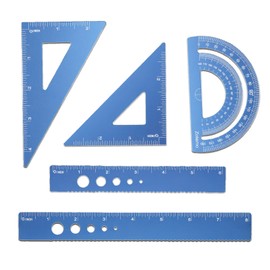 Zotemo Geometry Ruler Set, 5 Pieces, Triangles, Protractor, Metal Aluminum (Blue)