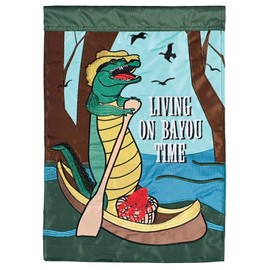 Dicksons Magnolia Garden Alligator 42 x 29 Inch Weather Resistant Polyester Outdoor Flag Decoration For Garden, Yard, Or Walkway, Blue, Green, & Yellow, Living On Bayou Time