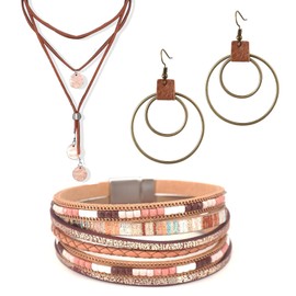 Kuskins 3PCS Western Jewelry for Women Bohemian Set,Boho Vintage Layered Necklace Dangle Drop Earrings Faux Leather Bracelet,Jewelry Sets for Women Gift