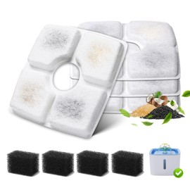 4-Pack Cat Water Fountain Filter Replacement & 4-Pack Pre-Filter Sponges for Square 84oz/2.5L Automatic Cat Fountain Dog Water Dispenser, Triple Filtration System Activated Carbon for Pet Fountain