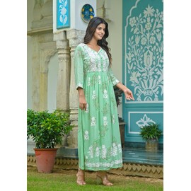 Ladyline Womens Cotton Lawn Floral Anarkali Kurta Gown, Lucknowi Embroidered, Long Floor-Length Kurti (CPEK RCA) (42/ Green)