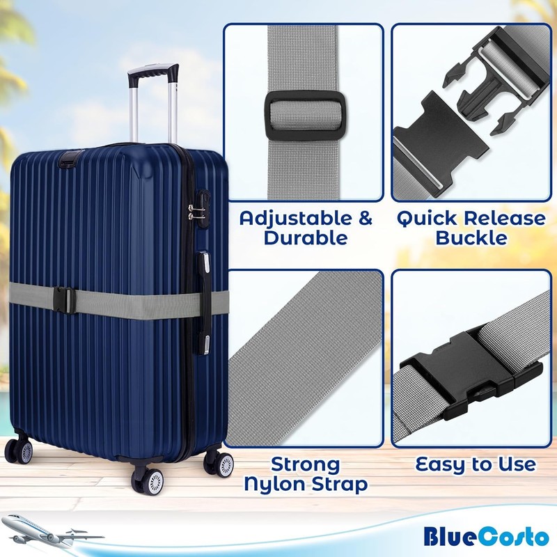 BlueCosto Luggage Straps for Suitcase - Silver, 6.5 ft x