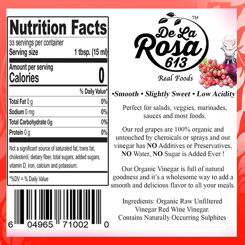 De La Rosa Organic Red & White Wine Vinegar, Raw