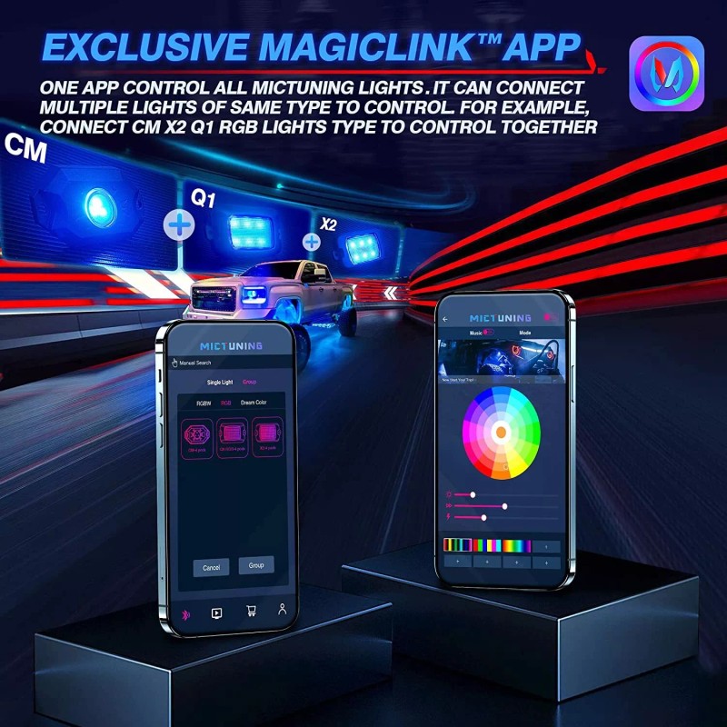 MICTUNING 8 Pods RGB LED Rock Lights, Bluetooth Underglow Car