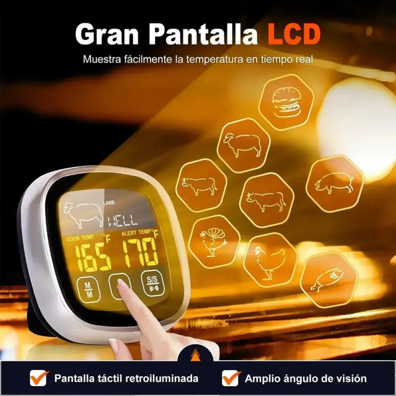 Termómetro Digital Cocina Para Carne, Doble Sonda Para Horno Plateado