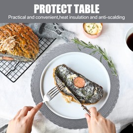 HEYOMART Round Placemats and Coasters Set of 6, Braided Woven Placemats Washable Heat Resistant Table Mats for Kitchen Dining Table Home Restaurant, Dark Grey