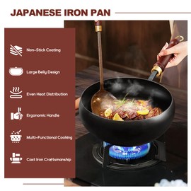 Gugxiom Suntuup Japanese Iron Pan, 28cm Cast Iron Wok, with Spatula, 2 Covers to Choose From, for Pots On Electric Stoves/Induction Cookers/Gas Stoves (Wooden lid)