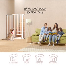 55.11" Extra Tall Cat Gate 29.5-46 Wide Cat gate for Doorway Pet Gate with Cat Doors NO Drilling Pressure Mount Kit for Cats and Dogs Indoor Doorways liveing Room Bedroom-White