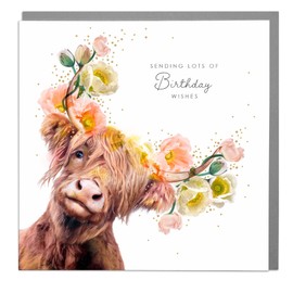 Lola Design - Birthday Cards for Women - Highland Cow Design, Happy Birthday Card for Her - Blank Card with Grey Envelope - Designed and Printed in the UK - 150mm x 150mm