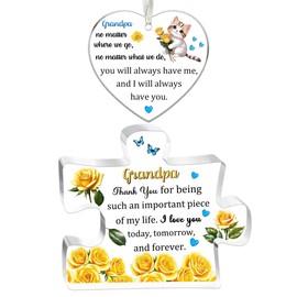 Grandpa Gifts Men 2PC Set Acrylic Puzzle Plaque Heart Hanging Ornament Birthday Grandfather Appreciate Fathers Day Thanksgiving Christmas Present Thank You Keepsake Retired from Granddaughter