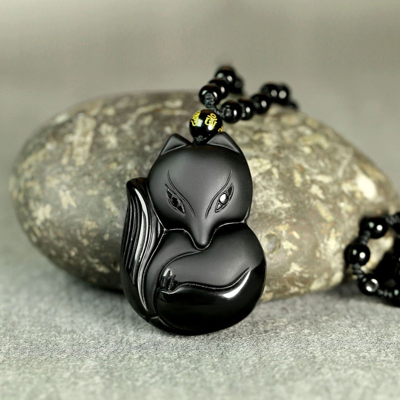 JSDDE Black Obsidian Crystal Hand Carved Fox Pendant Necklace Lucky