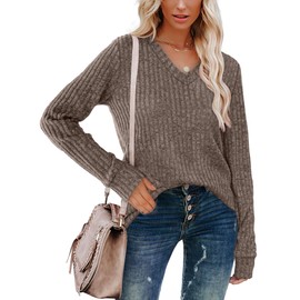 Sampeel Fall Sweaters for Women Trendy 2026 Long Sleeve V Neck Basic Tee Shirts Tunic Tops with Leggings Old Money Quiet Luxury Clothes Fashion Must Haves Brown M
