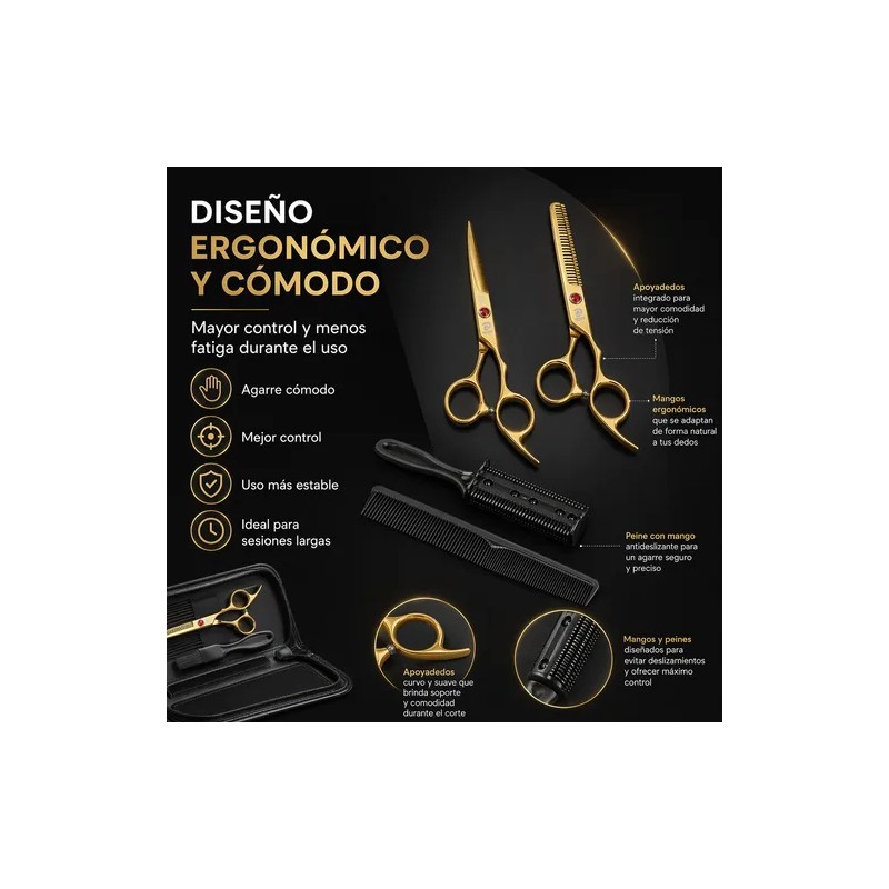 Tijeras Doradas De Barberia Y Kit 8 Pzas Cortar Cabello