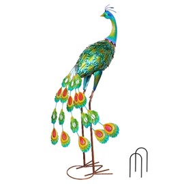 YEAHOME Garden Decor Outdoor Statues, 34" Large Metal Peacock Standing Yard Art, Blue Green Bird Lawn Sculptures Garden Decor for Outside Patio Porch Backyard