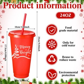 Skylety 32 Pcs Christmas Plastic Tumbler with Lid and Straw 24oz Plastic Holiday Stadium Cup Christmas Cup Red Cup Christmas Mug Reusable Adult Cup for Christmas Party Supplies, 8 Designs(Red)