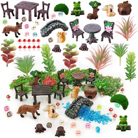 QuarenDen 44 Pcs Fairy Garden Accessories, Miniature Table and Chairs Set, Miniature Figurines Mini Resin Animals House Bridge for Micro Landscape Potted Plant Terrarium Decor DIY Craft Gift