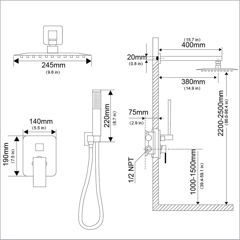 SaniteModar Black Shower Head System 10 Inch Square Rainfall Shower