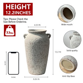 Ceramic Rustic Farmhouse Vase with 2 Handles, 12.2'' Tall Large Vintage Stoneware Clay Decorative Handmade Terracotta Pottery Flower Vase for Home Living Room Decor Table Entryway Grey White