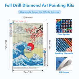 HEIBAGO The Great Wave Diamond Art Painting Kits for Adults, Japanese Cherry Blossom Tree Diamond Painting Kits for Beginners, DIY Round Diamond Dots Kits Sunset Gem Craft for Home Decor 30x40cm