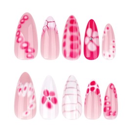 French Tip Press on Nails Short Almond Fake Nails Cute Flowers False Nails with Rhinestones Designs Artificial Nails Flower Petals Nails Tip Glue on Nails Nude Full Cover Nails for Women 24Pcs