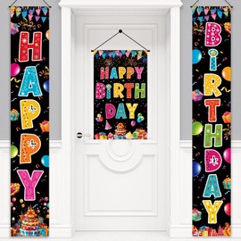 3PCS Colorful Birthday Party Decoration Door Banner Rainbow Happy Birthday Hanging Banner Birthday Porch Sign for Kids Boys Girls Birthday Party Supplies Indoor Outdoor Décor(Black)