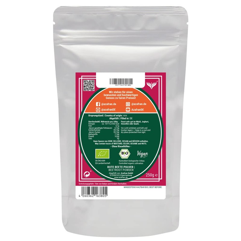 Azafran Organic Beetroot Powder - Beetroot Dried Ground 250 g
