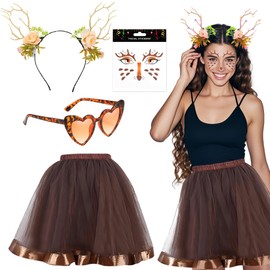 Women's Antlers Costume, Reindeer Carnival Women's Costume, Reindeer Antlers Headband with Reindeer Ears, Reindeer Face Tattoos, Reindeer Tulle Skirt Tutu Skirt, Deer Costume Accessories, Carnival