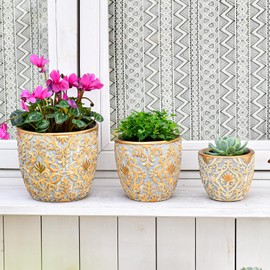 Sungmor Cement Planter Succulent Pots, Set of 3 Concrete Cactus Plant Pot with Drainage Hole, Embossed Design Flower Pot for Home Office Decor, 4.3" & 5.5" & 6.9" Indoor Outdoor Plants Container