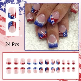 24 Pcs Independence Day Press on Nails Short Square French Tip Fake Nails with Glitter Designs 4th of July False Nails Star Glue on Nails American Flag Artificial Nails for Women Girl