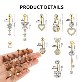 Beautidots 18pcs Belly Button Rings 14G 1.6MM Gold Stainless Steel CZ Navel Rings Belly Button Piercings Jewelry Belly Rings for Women with 9pcs Replacement Balls Silver Gold Pink