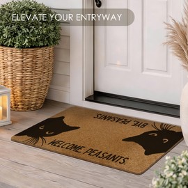 Fewgb Funny Black Cat Door Mat Welcome Doormat Gifts for Cat Lovers, Welcome Peasants Front Door Mat Outdoor Indoor for Home Outside Entrance Entryway Porch, Cute Hi Bye Coir Doormats 17x30