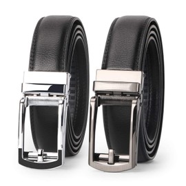 JASGOOD 2 Pack Men's Leather Belt with Slide Automatic Leather Belts Ratchet Belt for Men with Automatic Buckle,Black+Black(Gun+Silver Buckle)
