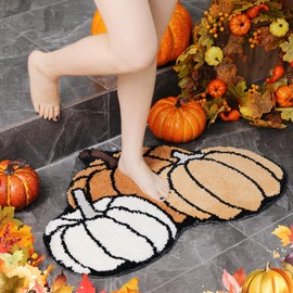 Nuanchu Fall Pumpkin Bathroom Rug Thanksgiving Day Door Mat Funny Pumpkin Shape Bath Rug Non Slip Washable Bath Mat for Autumn Home Kitchen Entrance Decor, 19" x 30"