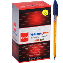 Cello Tri-Mate Orange Ballpoint Pens Medium Point Biro, (Blue, Pack of 50)