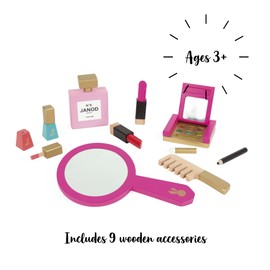Janod - P'tite Miss Vanity Case for Children - 9 Solid Wood Accessories Included - Pretend Play Toy Beauty and Cosmetic, J06514, Pink