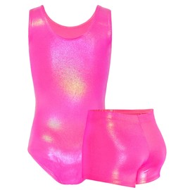 TENVDA Girls Leotards for Gymnastics Outfit Size 6-7 Years Old Sparkly Hotpink Metallic Athletic Bodysuit Matching Shorts