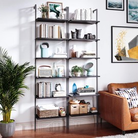 ODK 6-Tier Ladder Shelf, 87 Inches Wall Mounted Ladder Bookshelf with Metal Frame, Open Industrial Shelves for Home Office, Bedroom and Living Room, Black