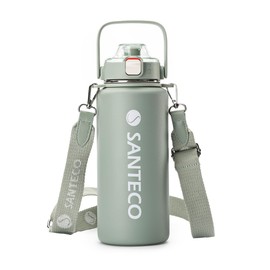 SANTECO 1.2L Vacuum Insulated Sports Water Bottle – Detachable Shoulder Strap, Leakproof, Keeps Hot/Cold 12H, Wide Mouth with Straw (Ash Grey, Stylish Design for Sports Drinks)