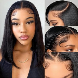 Yijimei Bob Wig Human Hair 13x4 Lace Frontal Wig Short Bob Lace Front Wigs Pre Plucked 180% High Density Straight Bob Wig for Women Free Part (natural black bob wig, 14 inch)
