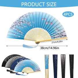 Bellanova Set of 4 Hand Fans, Chinese Style Hand Fans Made of Fabric and Bamboo, Folding Fans with Tassel (Pack of 4)