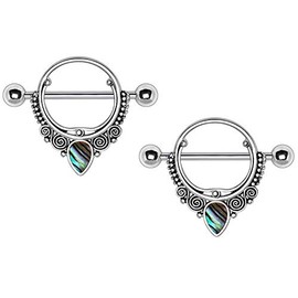 Pierced Owl Stainless Steel Abalone Teardrop Ornate Nipple Shields, Sold as Pair