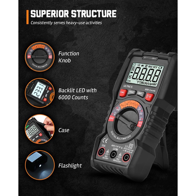 ULTRICS Digital Multimeter, Auto Ranging Multi Tester Voltmeter Ammeter Ohmmeter