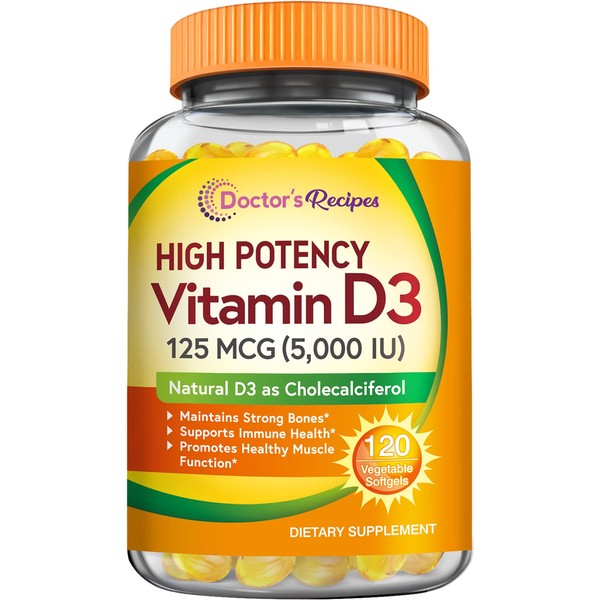 Doctor's Recipes Vitamin D3 5000IU, Immune Support for Bones, Teeth, and Muscle Function, Non-GMO, No Gelatin, Gluten or Soy, 120 Vegetarian Softgels